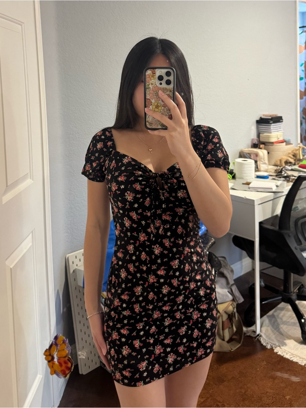 WINDSOR Black Floral Ruched Mini Dress